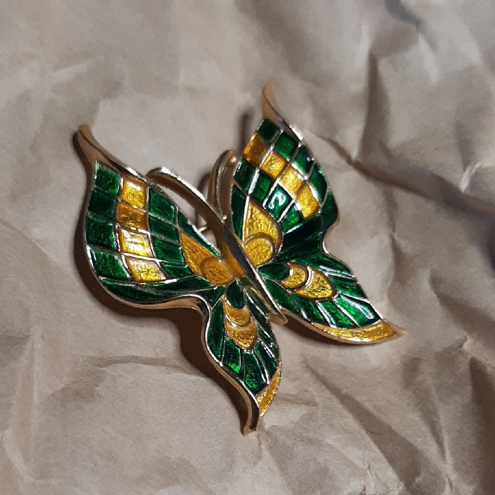 Crown Trifari Green and Gold Butterfly Brooch